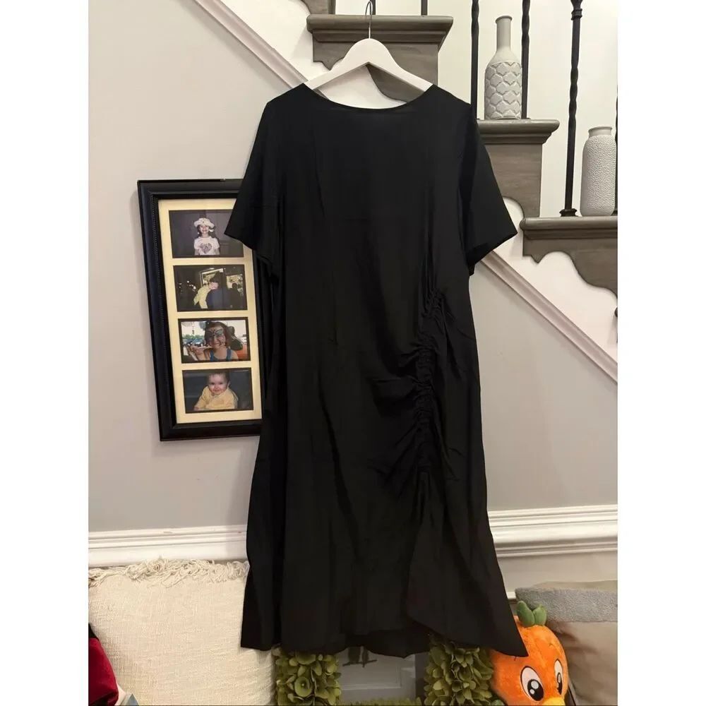 Lilysilk Black 100% Raw Silk Flowy Side Ruched Midi Dress sz XXL MWT